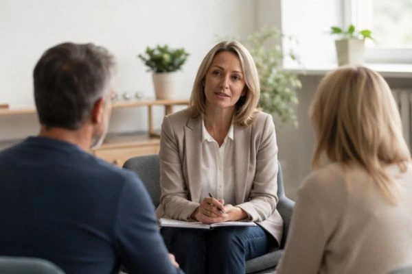 Couple discussing financial arrangement , pensions in divorce Southampton
